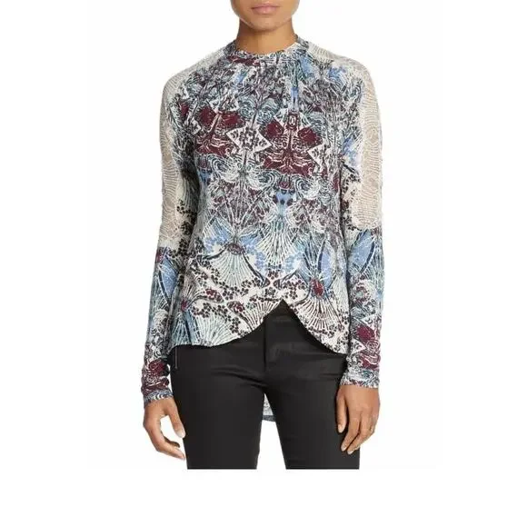 Free People Nouveau Printed Top Women's Casual Lace High Low Linen Western Boho - Picture 1 of 8